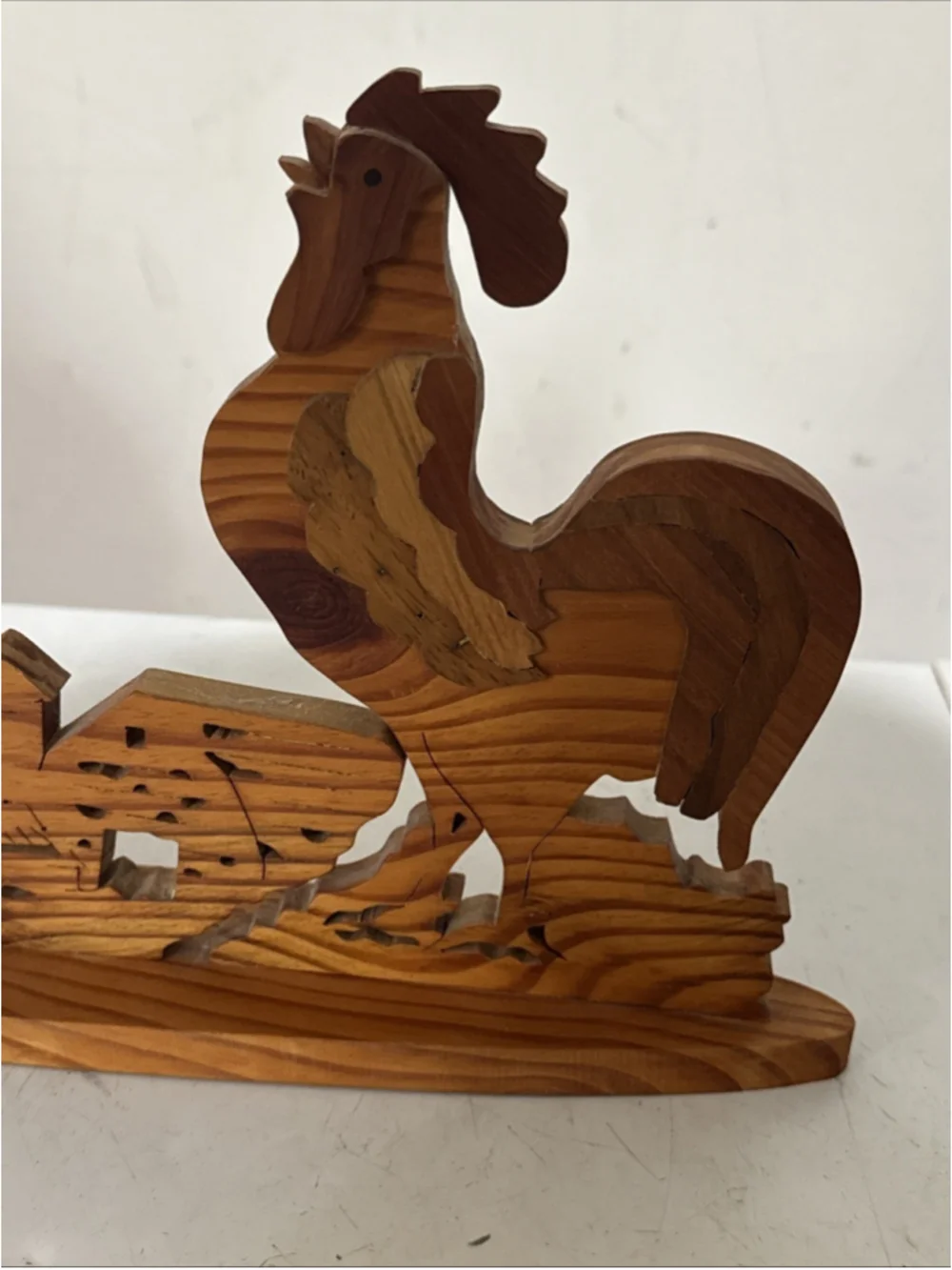 Vintage Lazer Carved Wooden Rooster Clock Intricate Design Handmade 14” Unique